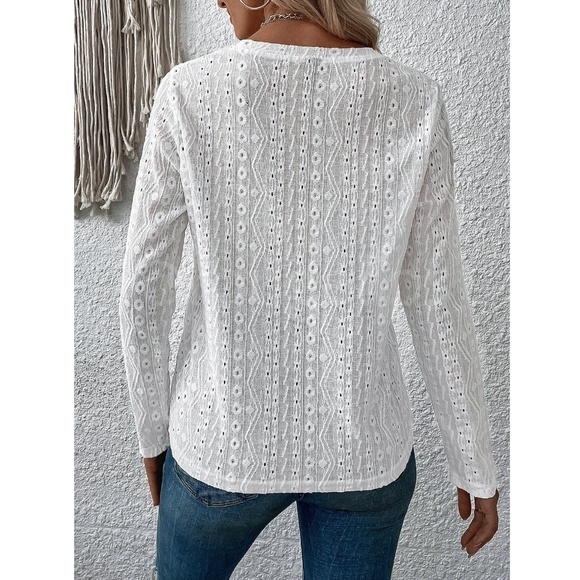 White Long Sleeve Tee Shirt Eyelet Embroidery Somewhat Sheer Round Neck - Picture 5 of 9
